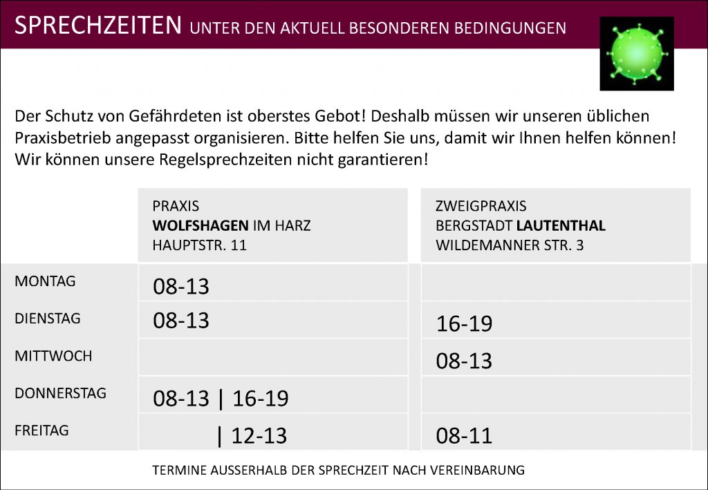 Das Bild informiert über die alternativen Öffnungszeiten der Gemeinschaftspraxis Consilium Langnickel in Wolfshagen und Lautenthal.